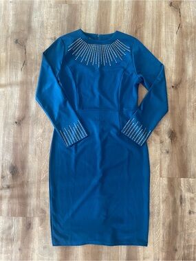 Blue Long-Sleeve Jewel-Accent Sheath Dress